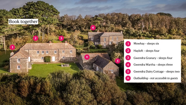 An aerial view of the five cottages with a large shared garden space, for a group of up to 19 guests, Cornwall